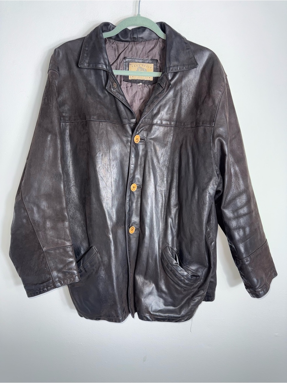 Vera Pelle Vintage Leather Jacket-Button Closure-Brown-Men's Medium